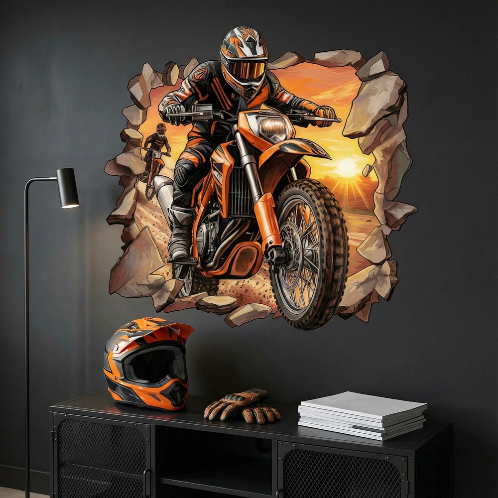 Wall Stickers: Wall Hole Motocross Sunset