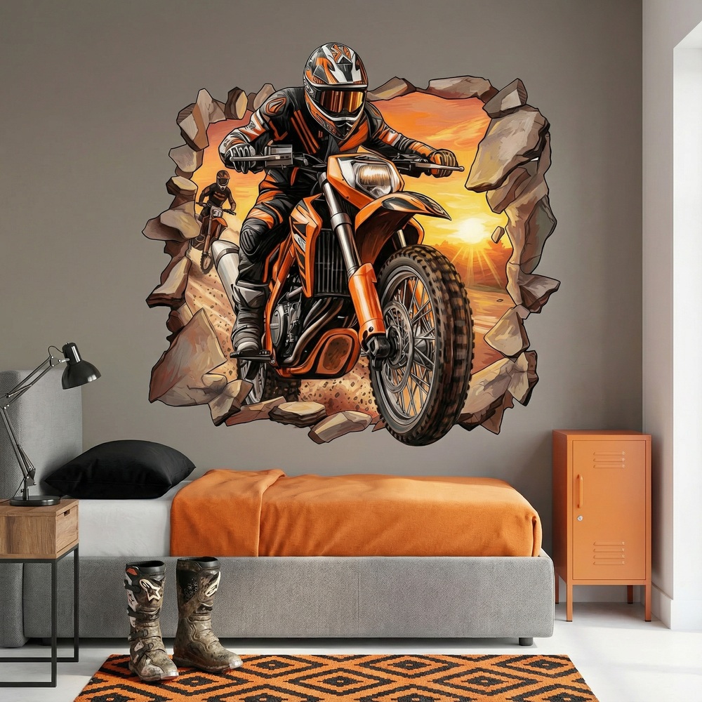 Wall Stickers: Wall Hole Motocross Sunset