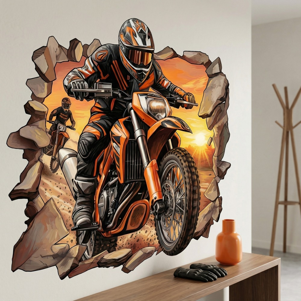 Wall Stickers: Wall Hole Motocross Sunset