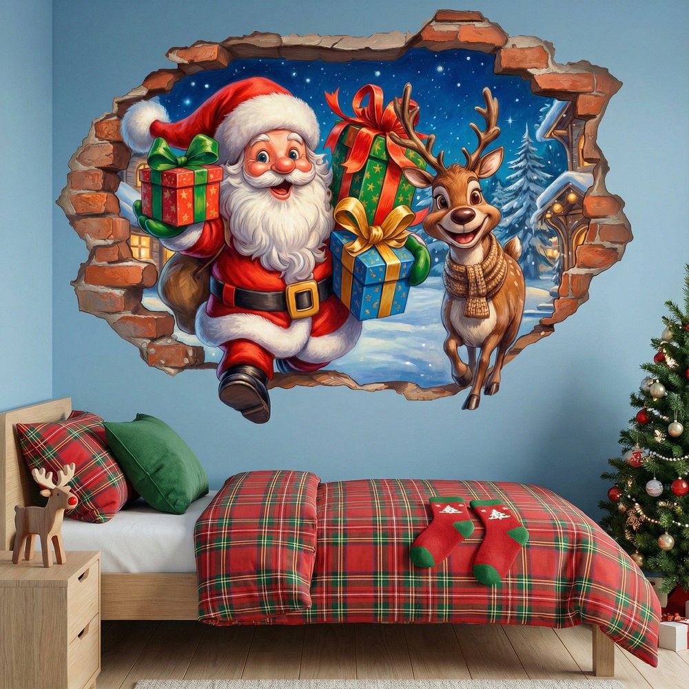 Wall Stickers: Wall Hole Santa Claus and Reindeer