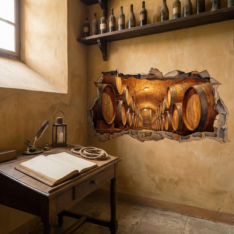 Wall Hole Wine Cellar with Oak Barrels 4/5
