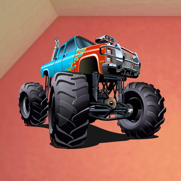 Stickers for Kids: Blue Monster Truck with red flames