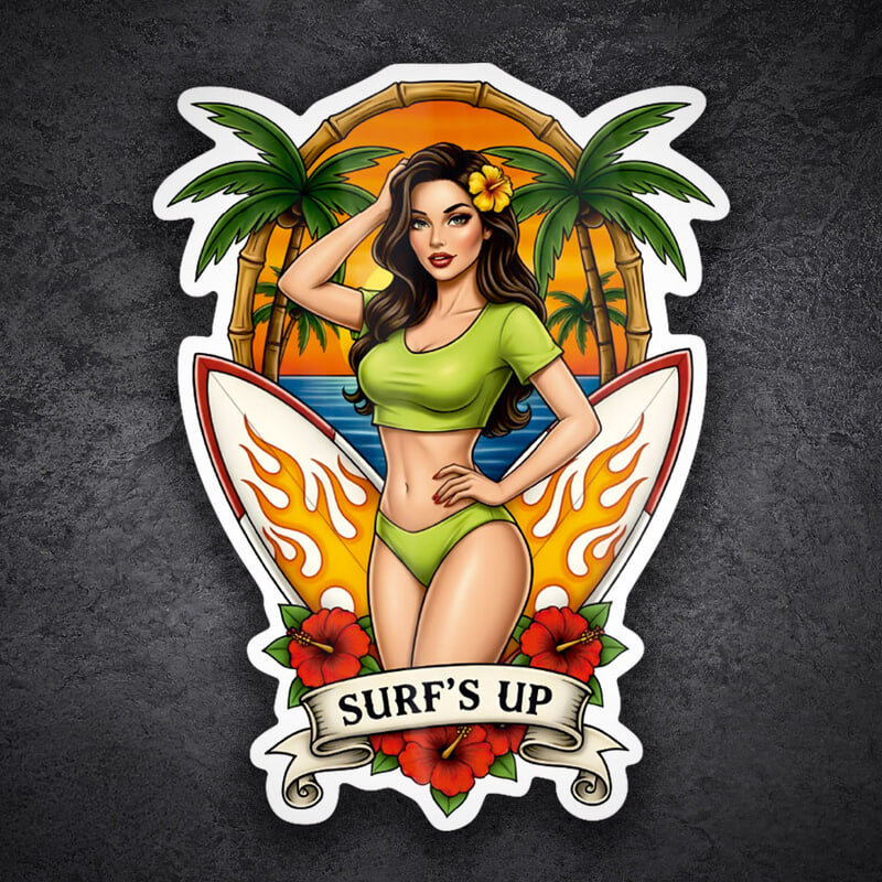 Car & Motorbike Stickers: Surf’s Up Pin-Up Tropical
