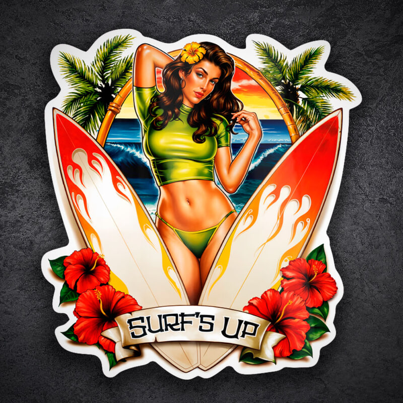 Car & Motorbike Stickers: Surf’s Up Pin-Up Sunset