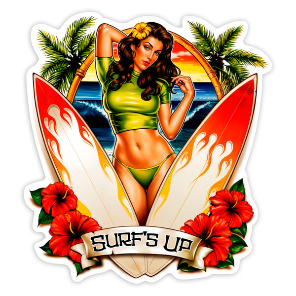 Car & Motorbike Stickers: Surf’s Up Pin-Up Sunset