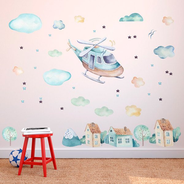 Stickers for Kids: Helicopter, clouds and houses