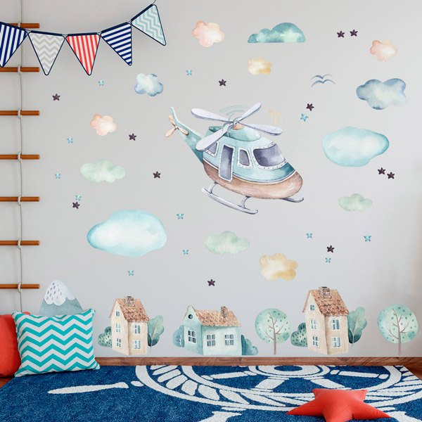Stickers for Kids: Helicopter, clouds and houses