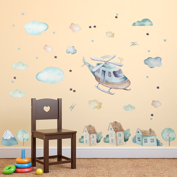 Stickers for Kids: Helicopter, clouds and houses