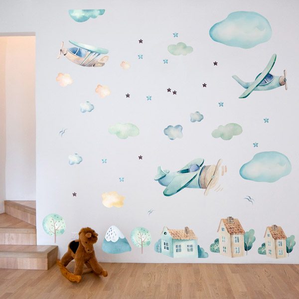 Stickers for Kids: Airplanes, clouds and houses