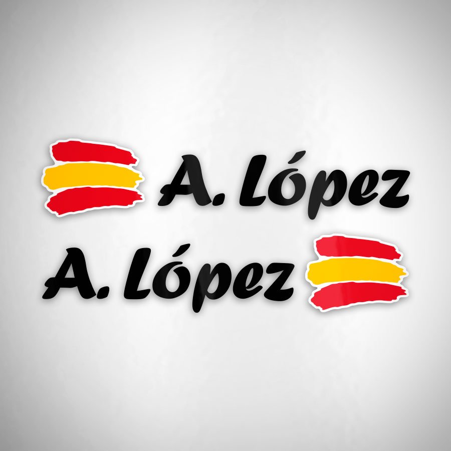 Car & Motorbike Stickers: 2X Flags Spain + black calligraphic name