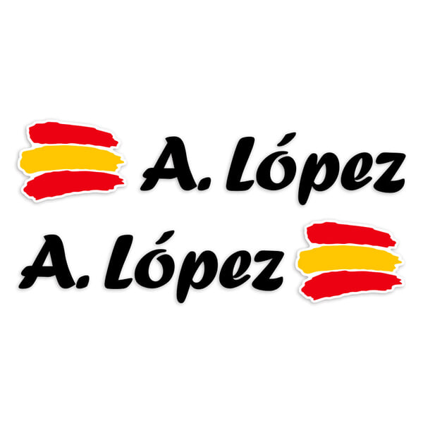Car & Motorbike Stickers: 2X Flags Spain + black calligraphic name