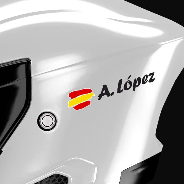 Car & Motorbike Stickers: 2X Flag Spain + white calligraphic name