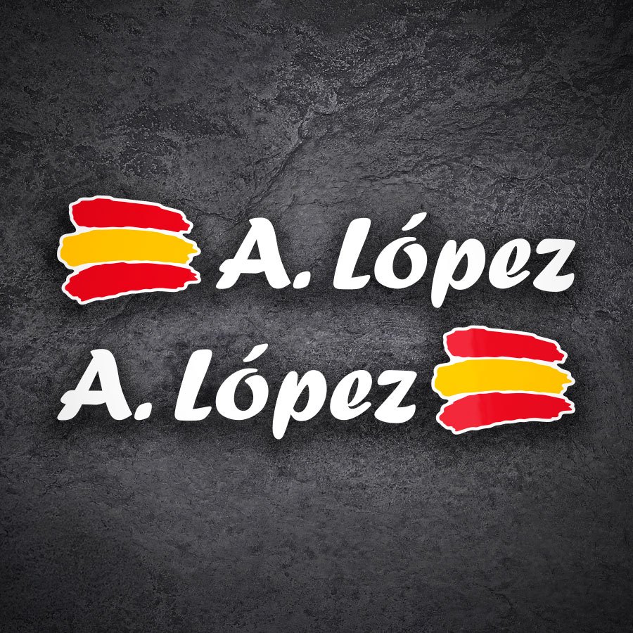 Car & Motorbike Stickers: 2X Flag Spain + white calligraphic name