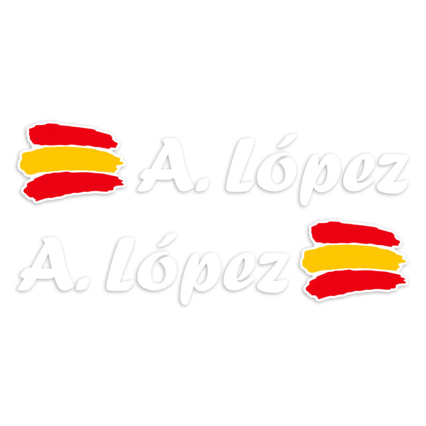 Car & Motorbike Stickers: 2X Flag Spain + white calligraphic name