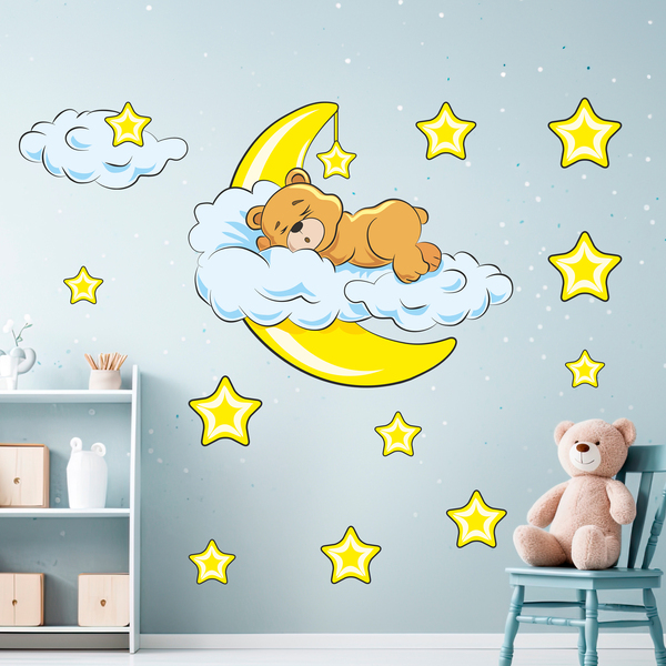 Stickers for Kids: Bear in the clouds and moon yellow