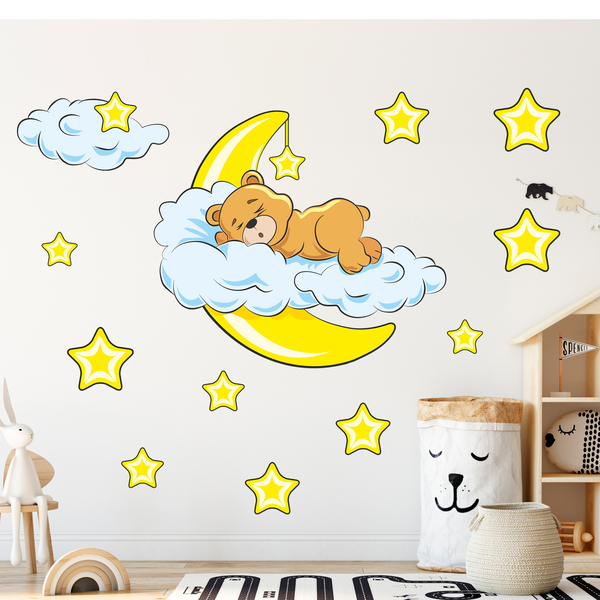 Stickers for Kids: Bear in the clouds and moon yellow