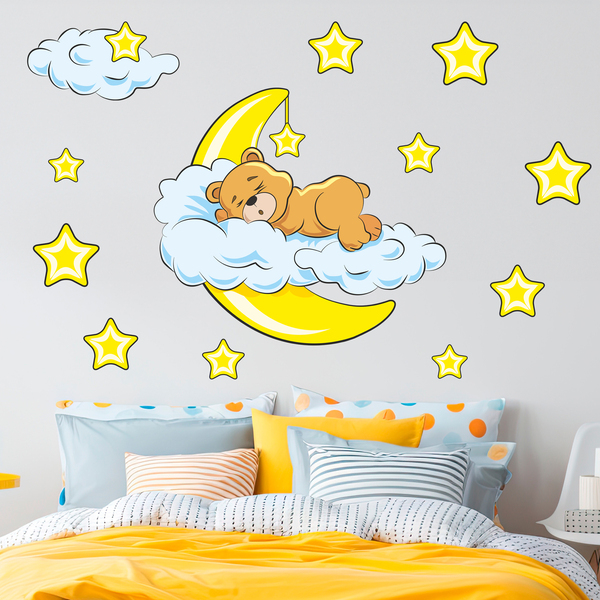 Stickers for Kids: Bear in the clouds and moon yellow