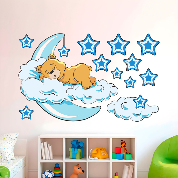 Stickers for Kids: Teddy bear in the clouds and moon blue