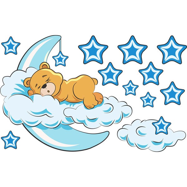 Stickers for Kids: Teddy bear in the clouds and moon blue