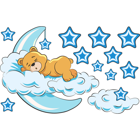 Stickers for Kids: Teddy bear in the clouds and moon blue 0