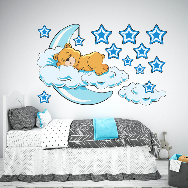 Stickers for Kids: Teddy bear in the clouds and moon blue