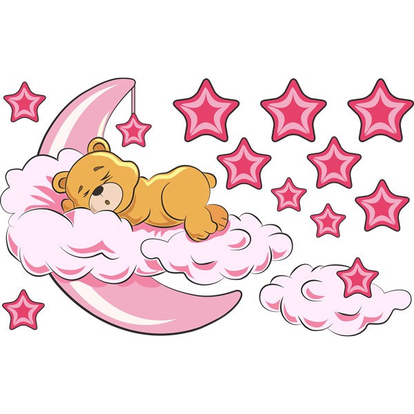 Stickers for Kids: Teddy bear in the clouds and moon pink