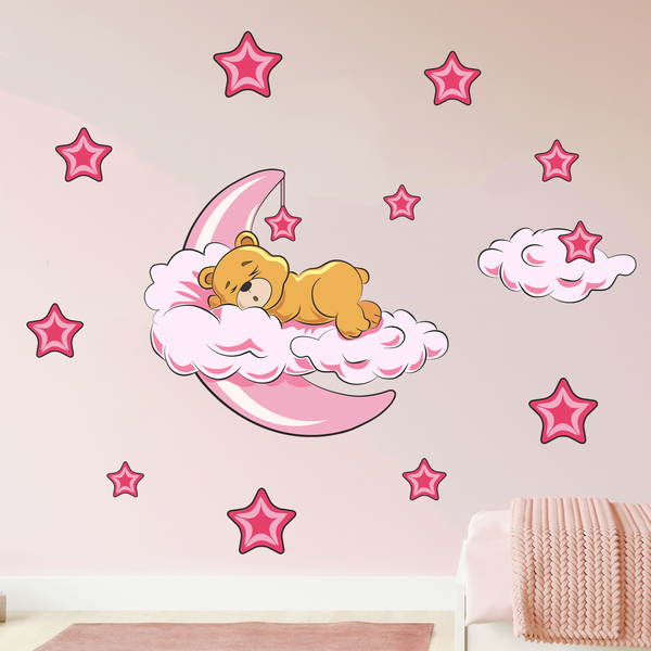 Stickers for Kids: Teddy bear in the clouds and moon pink
