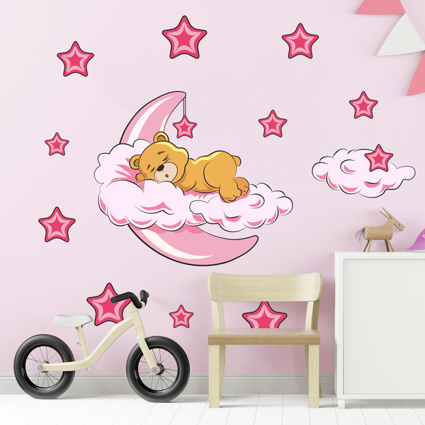 Stickers for Kids: Teddy bear in the clouds and moon pink