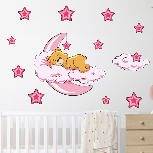 Stickers for Kids: Teddy bear in the clouds and moon pink