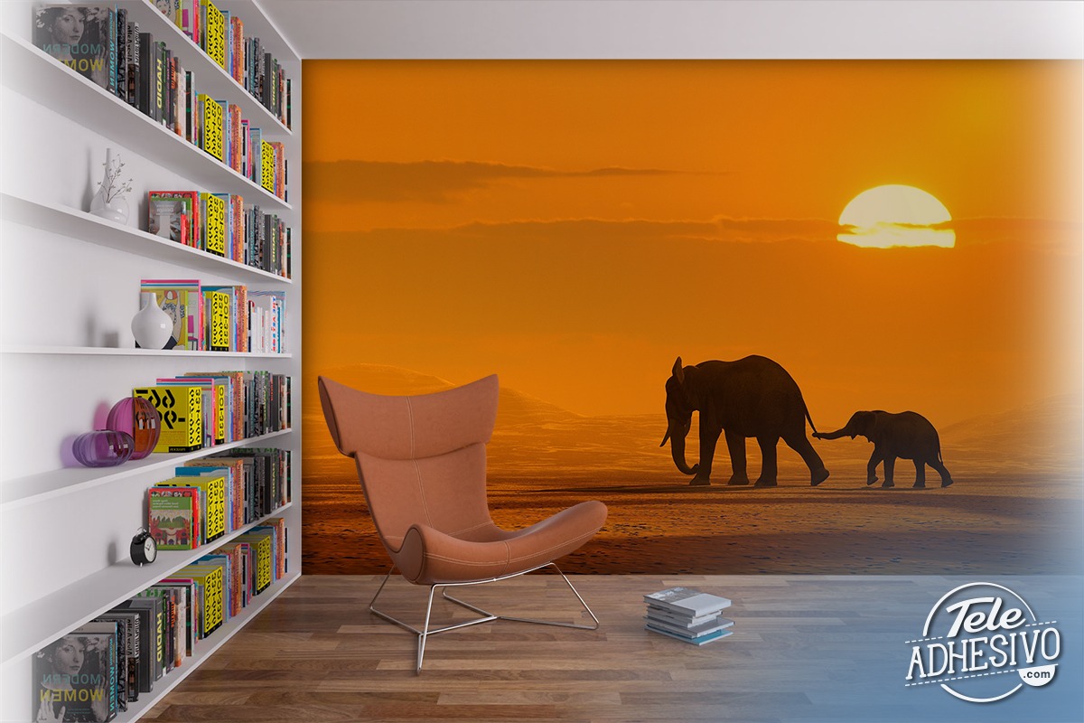 Wall Murals: Mother and elephant calf