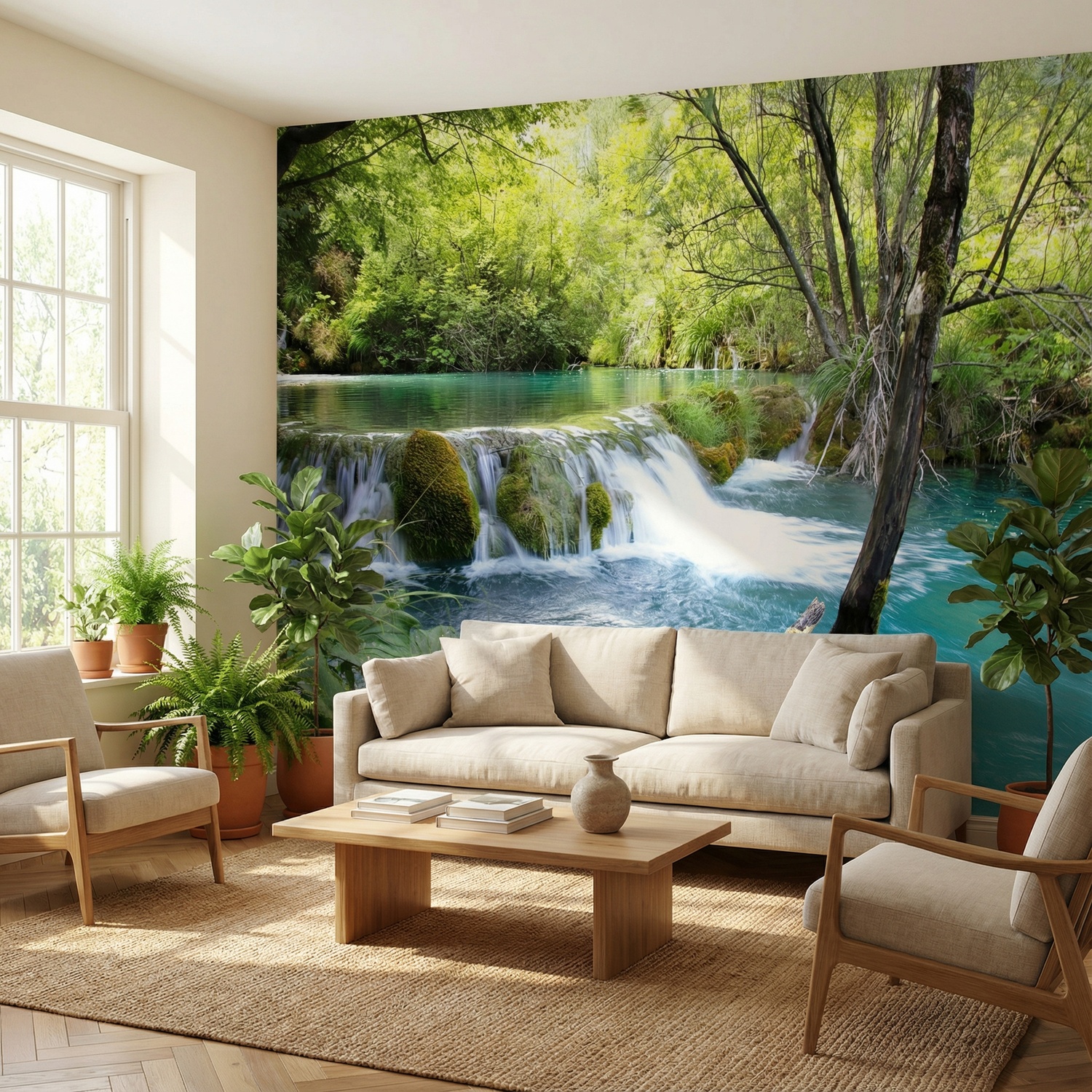 Wall Murals: Vegetation and river with waterfall