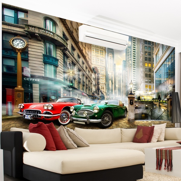 Wall Murals of cars and motorcycles.