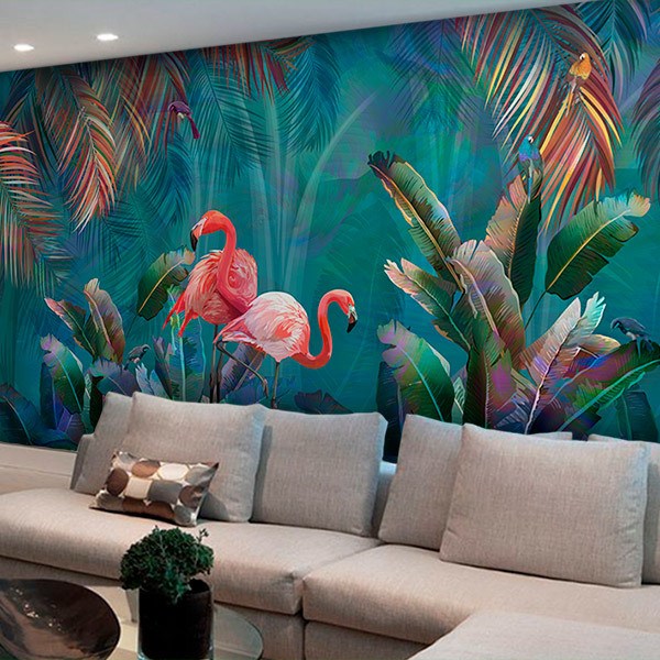 Wall Murals: Flamingos on Turquoise Background 0