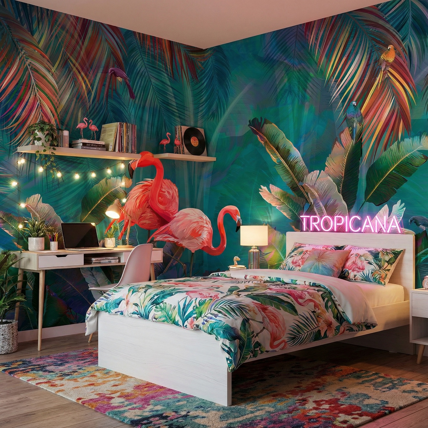 Wall Murals: Flamingos on Turquoise Background