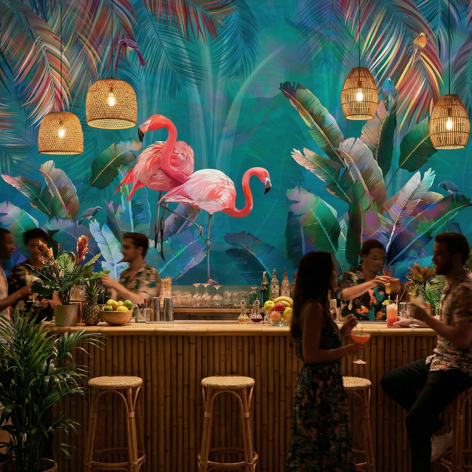 Wall Murals: Flamingos on Turquoise Background
