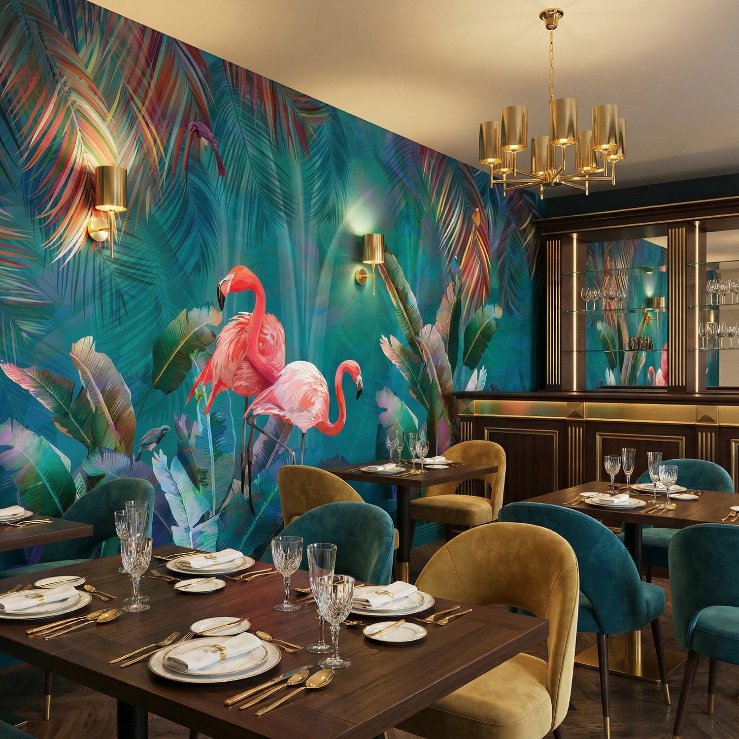 Wall Murals: Flamingos on Turquoise Background