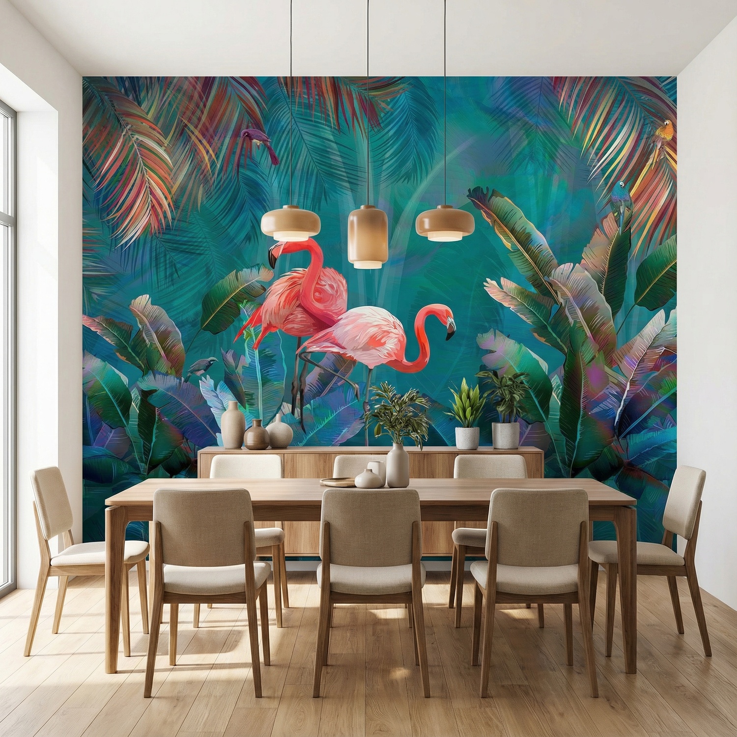 Wall Murals: Flamingos on Turquoise Background