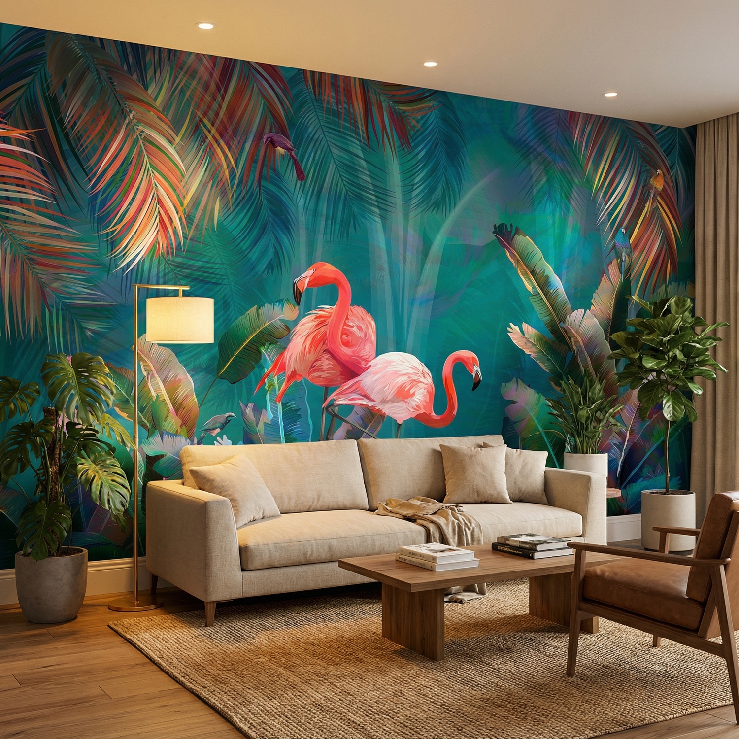 Wall Murals: Flamingos on Turquoise Background