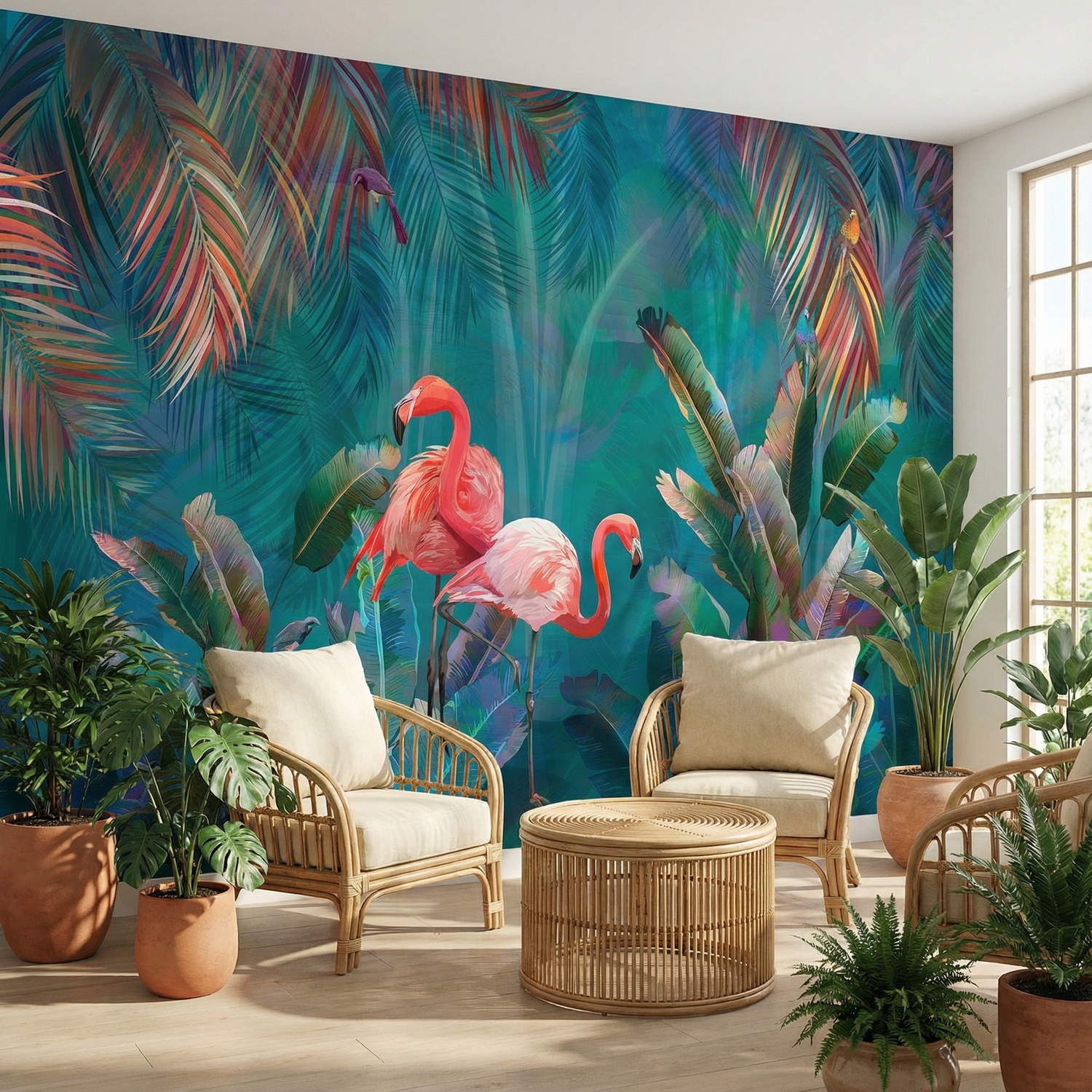 Wall Murals: Flamingos on Turquoise Background