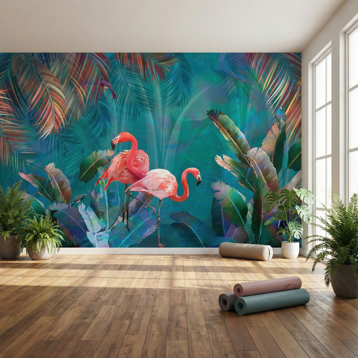 Wall Murals: Flamingos on Turquoise Background
