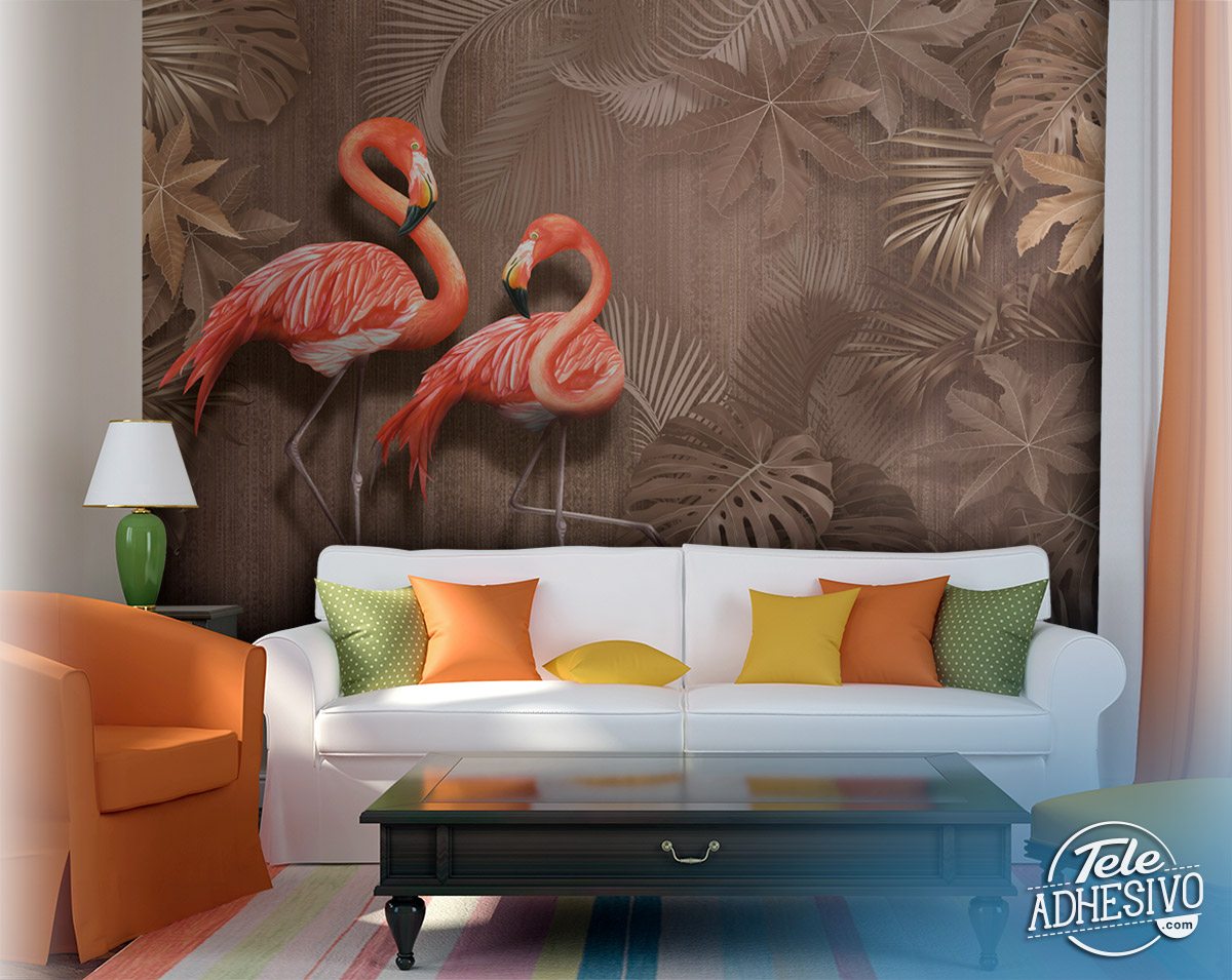 Wall Murals: Flamingos On Brown Background