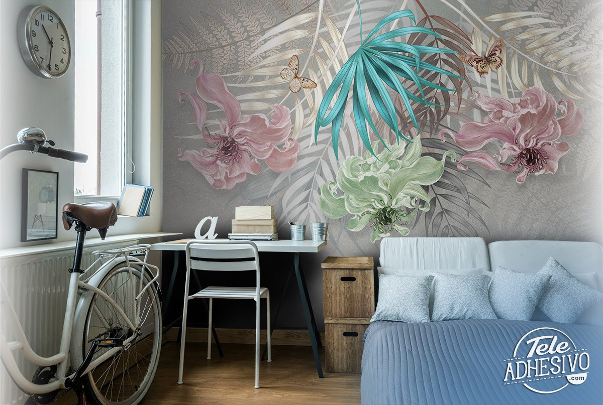 Wall Murals: Coloured Flowers on Grey Background