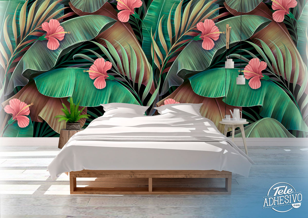 Wall Murals: Palms with Hibiscus Flowers