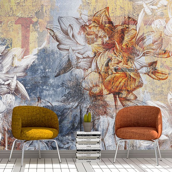 Wall Murals: Collage Engraving of Flowers