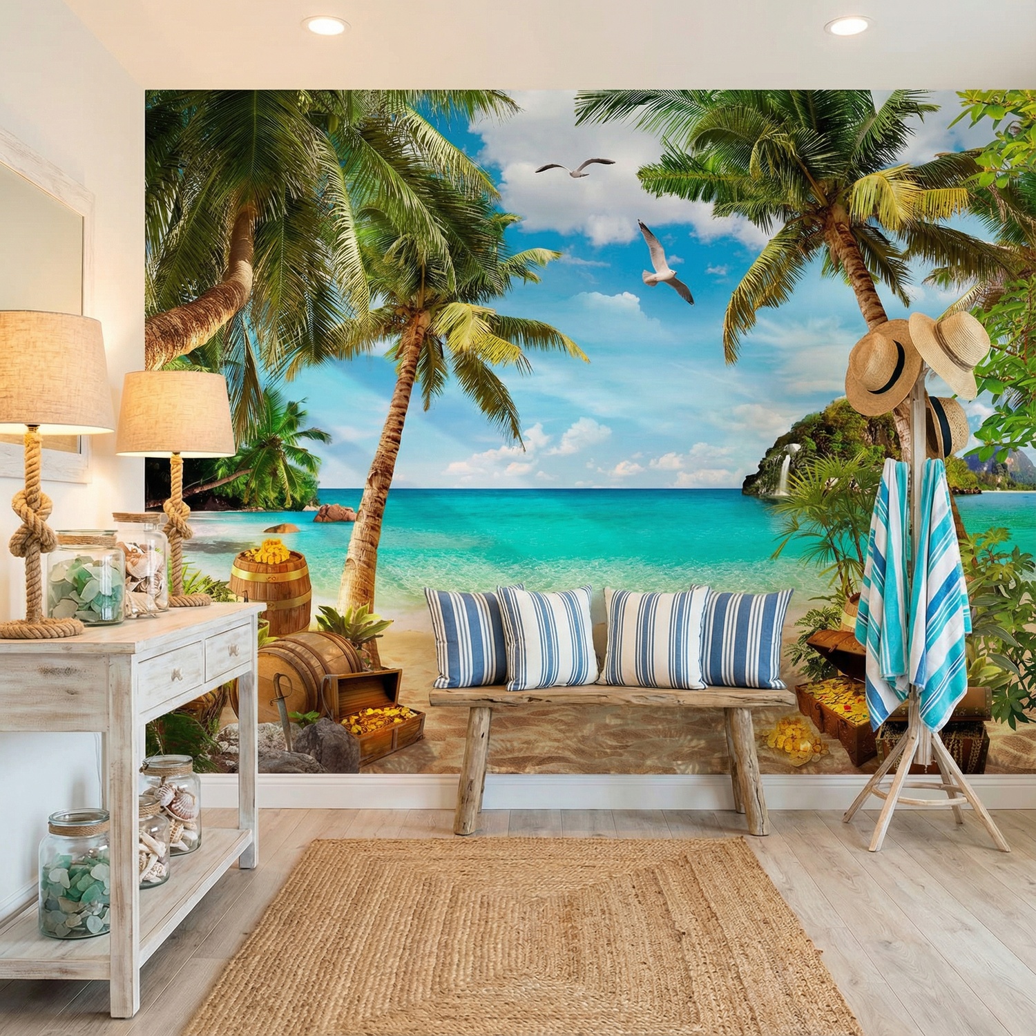 Wall Murals: Seagulls over the Treasure on the Beach