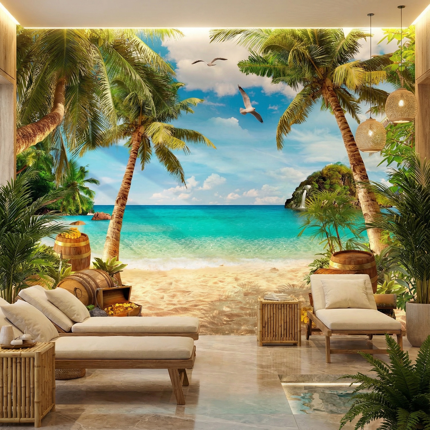 Wall Murals: Seagulls over the Treasure on the Beach