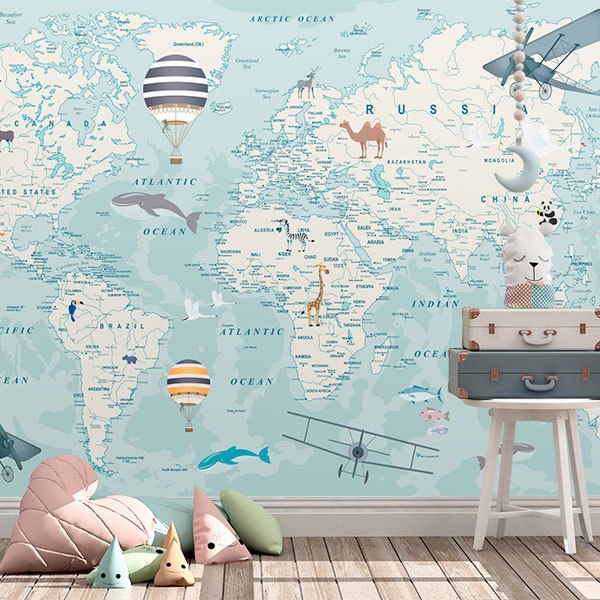 Wall Murals: World Map Planes and Globes
