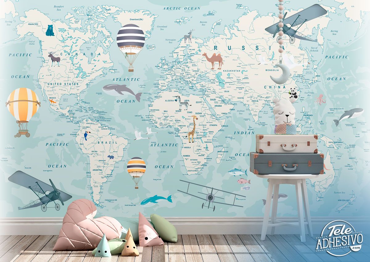 Wall Murals: World Map Planes and Globes