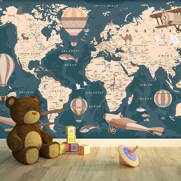 Wall Murals: World Map Hot Air Balloons and Aeroplanes