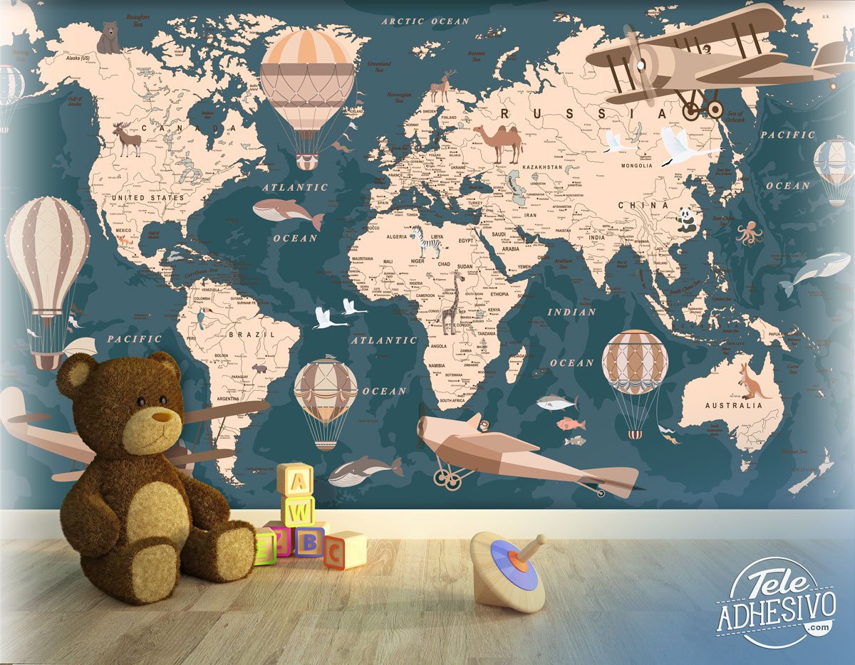 Wall Murals: World Map Hot Air Balloons and Aeroplanes